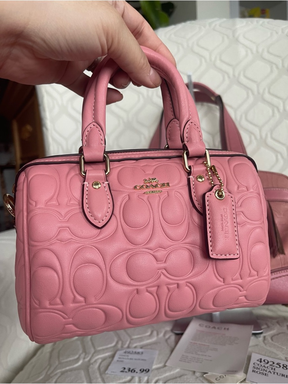 Coach Mini Rowan Pink Puffy Embossed Leather Mini Satchel - Signature Coach